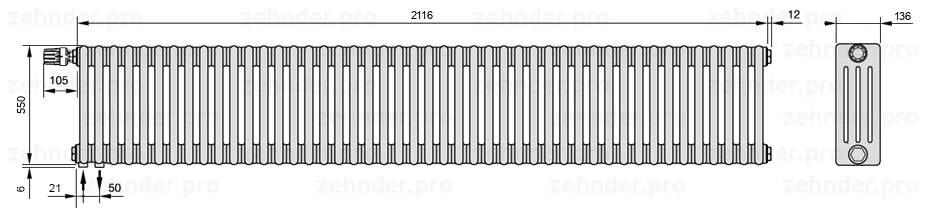 Схема (чертеж) Радиатор Zehnder Charleston 4055/46 №V001 Белый глянцевый RAL 9016